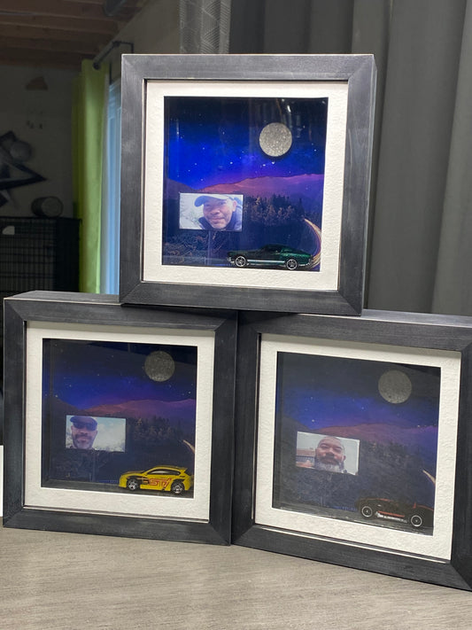 3 Framed Hot Wheels with Joes Ashes in the Moon