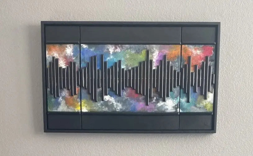 Colorful abstract wall art with a black frame on a light gray wall