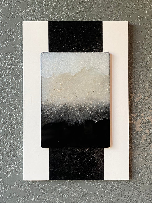 Tricolor cremation ash memorial wall art with flowing resin colors on white frame and black stripe