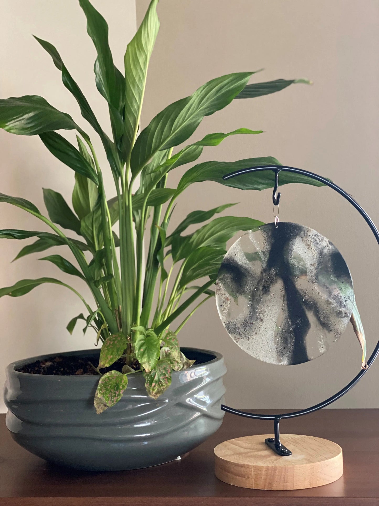 Potted plant next to a decorative memorial ash keepsake on a wooden surface with a neutral background
