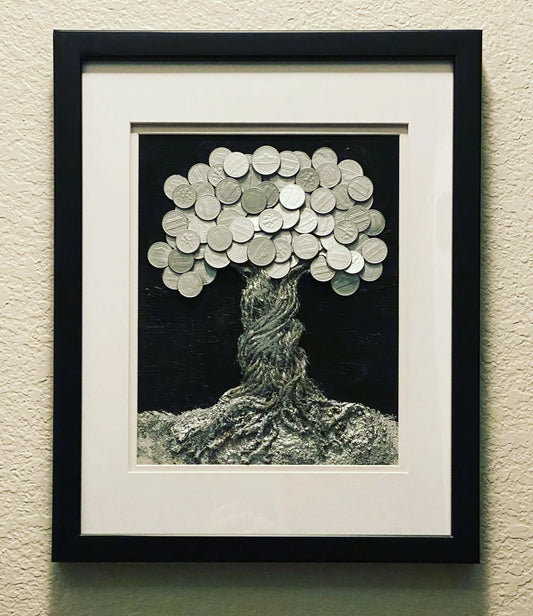 Framed mixed‑media artwork featuring a silver rope tree with coins made from money left in Ally’s wallet.