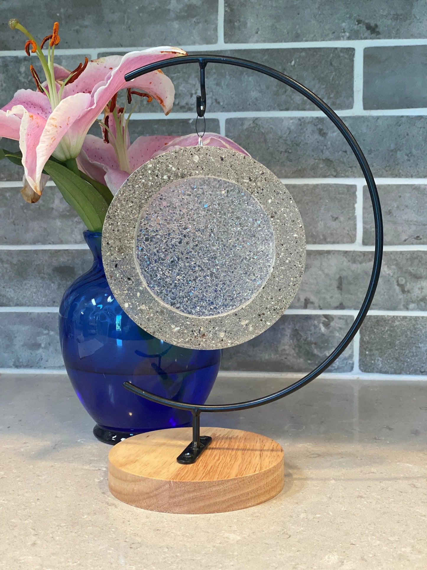 Metal Black Stand with wood bottom with decorative ash infused circle