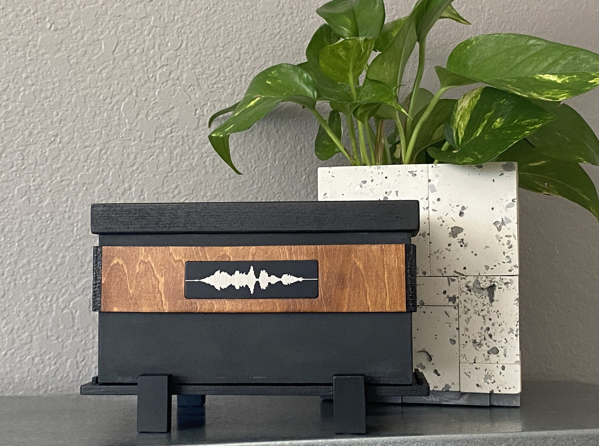 A black wooden box with a natural wood inlay panel and a black soundwave plaque on the front, displayed on a shelf next to a potted green plant in a white speckled pot against a textured gray wall.
