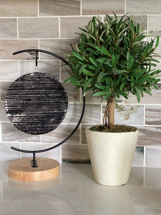 A glass, black, and wood circular object infused with ash, next to a potted plant on a counter.