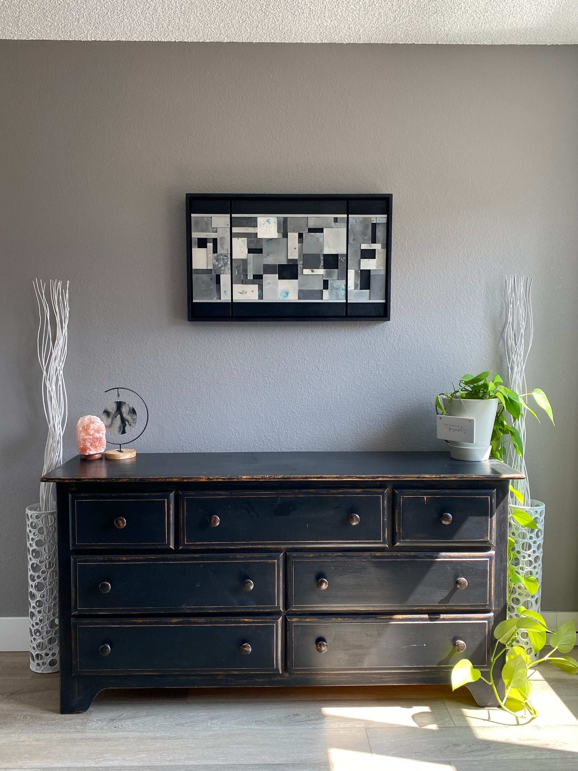 Ocean’s Memory mosaic artwork displayed in a home setting, framed by Ally’s dresser for scale and warmth.