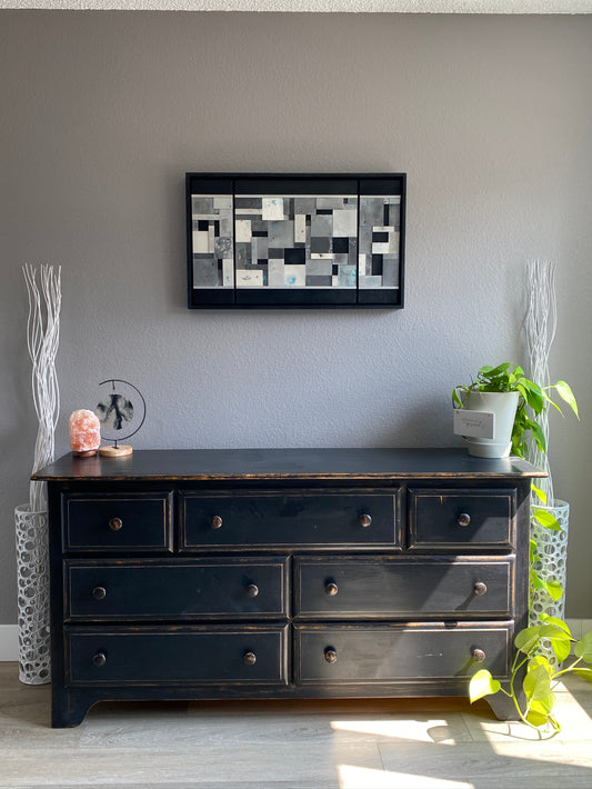 Ocean’s Memory mosaic artwork displayed in a home setting, framed by Ally’s dresser for scale and warmth.