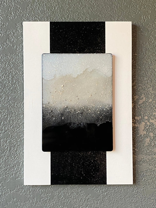 Tricolor cremation ash memorial wall art with flowing resin colors on white frame and black stripe