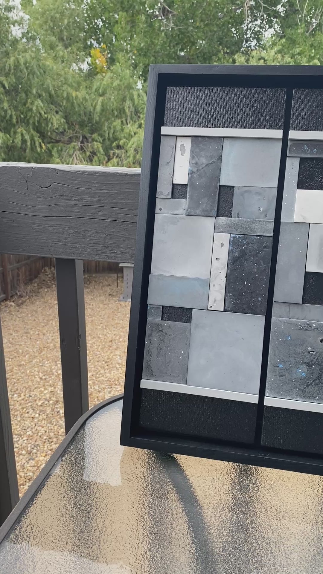 Geometric art piece outside showing from left to right.